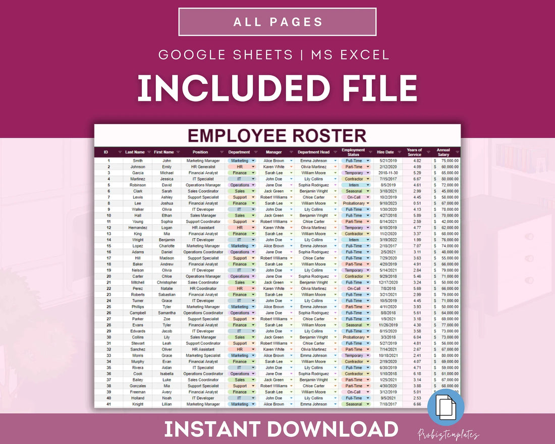 Employee Roster Template, Staff Database Template, Personnel Records Repository Template, HR Database Microsoft Excel Google Sheets Template