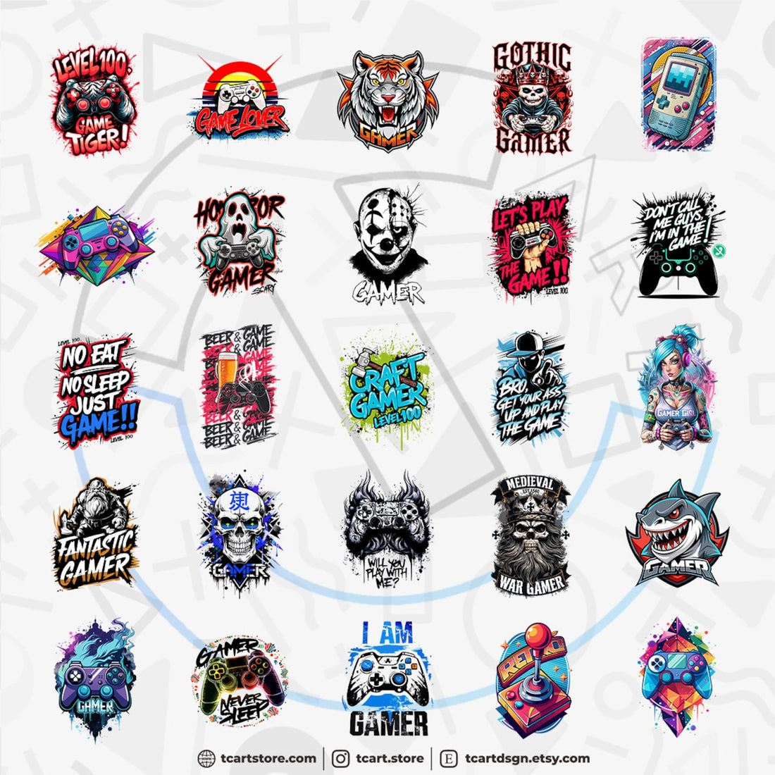 Gamer vol.1 T-Shirt Design Bundle Suitable for Printing, Urban, 1500+ High Quality Graphics, Vector Files, Ai, Png, No Background, Sticker